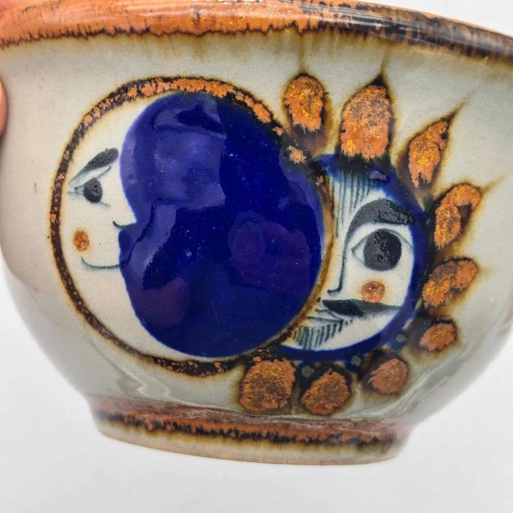Vintage Tonala Pottery Bowl Sun Moon Celestial Cobalt Blue Hand Painted Mexico